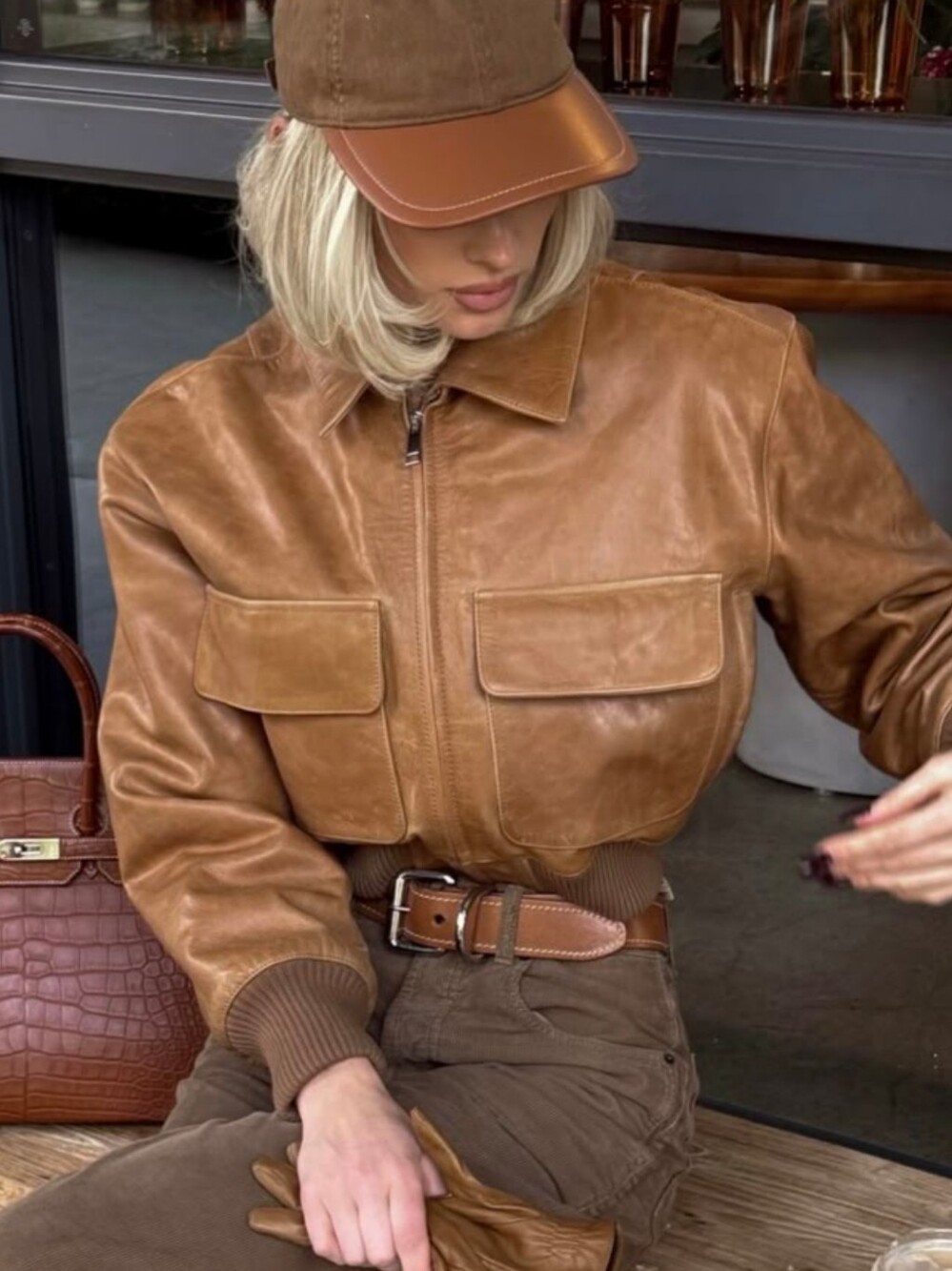 Women Vintage Brown Faux Leather Crop Jacket Lapel Collar Zip Up Bomber Double